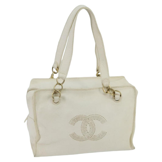 CHANEL Shoulder Bag Leather White Gold CC 97045