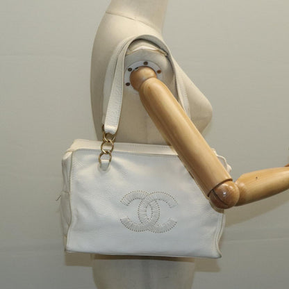 CHANEL Shoulder Bag Leather White Gold CC 97045