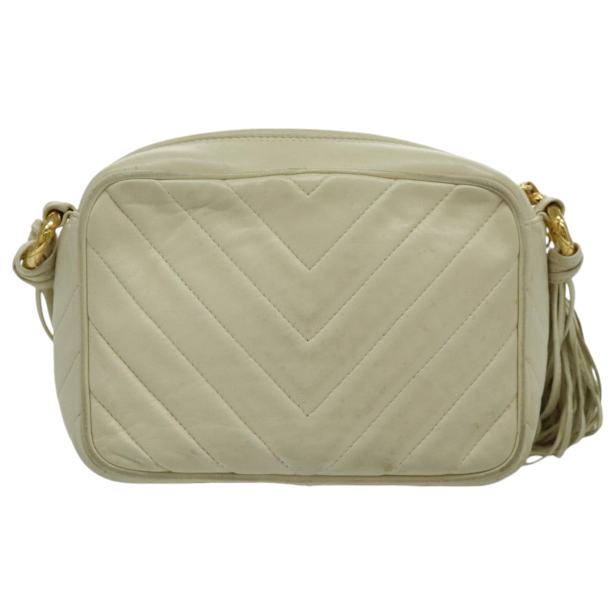 CHANEL V Stitch Shoulder Bag Lamb Skin Gold Beige CC 97147
