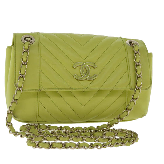 CHANEL Chain V Stitch Shoulder Bag Lamb Skin Yellow Gold CC 97148