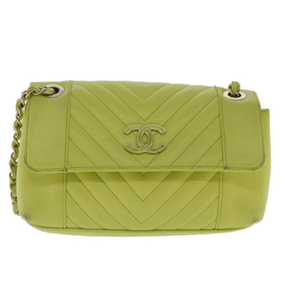 CHANEL Chain V Stitch Shoulder Bag Lamb Skin Yellow Gold CC 97148
