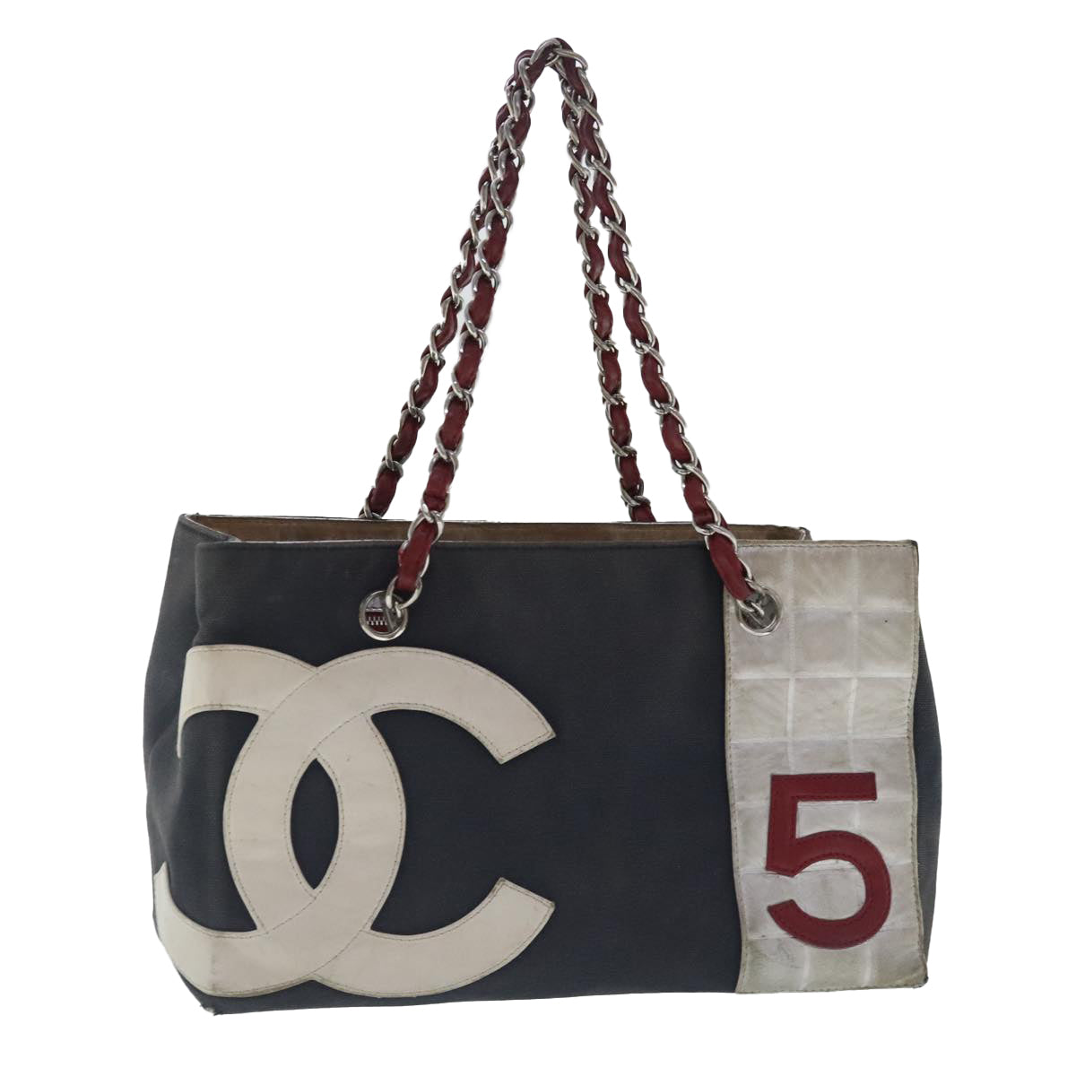 CHANEL Chain Hand Bag No5 Canvas Navy Silver CC 97210