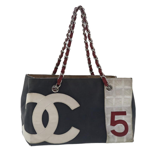 CHANEL Chain Hand Bag No5 Canvas Navy Silver CC 97210