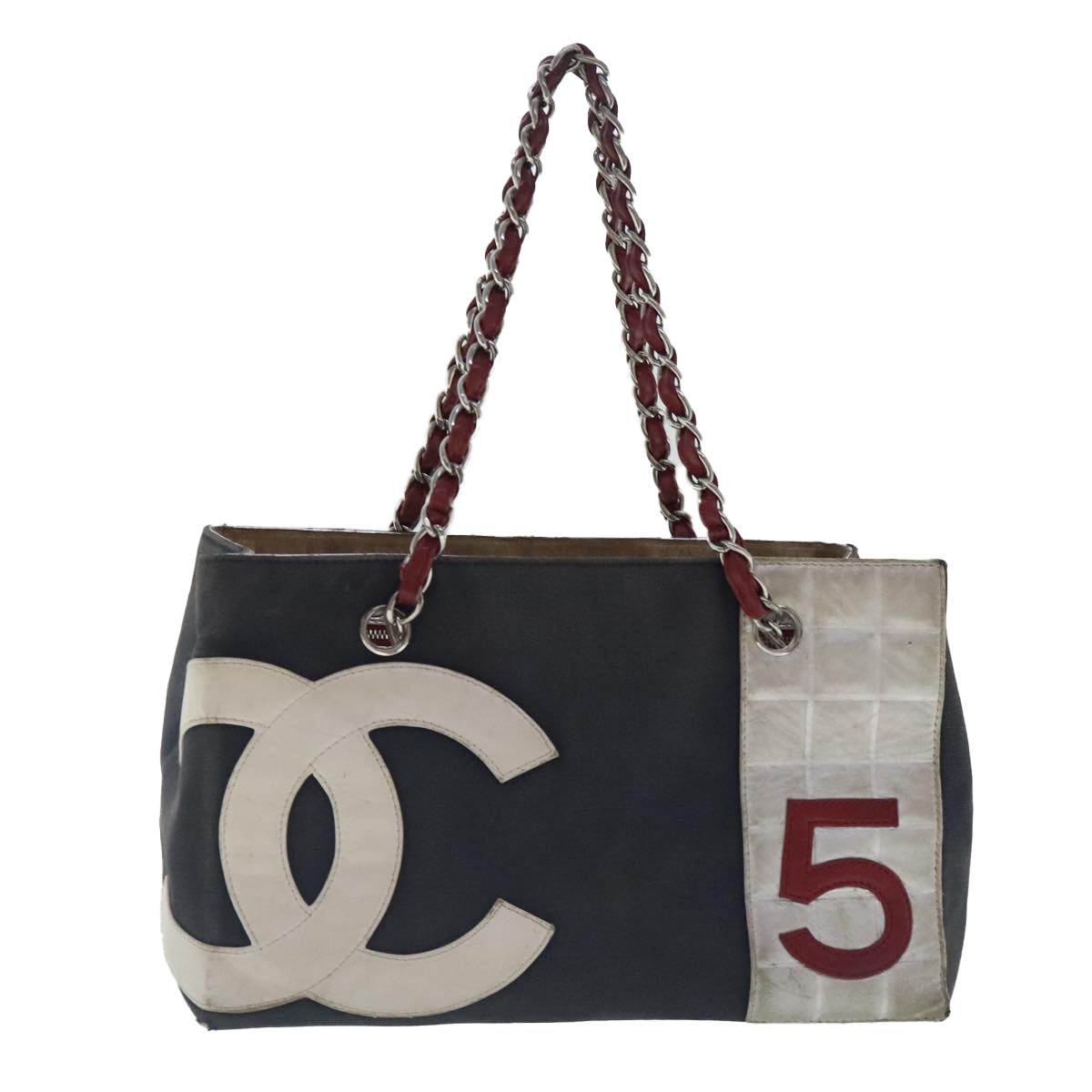 CHANEL Chain Hand Bag No5 Canvas Navy Silver CC 97210