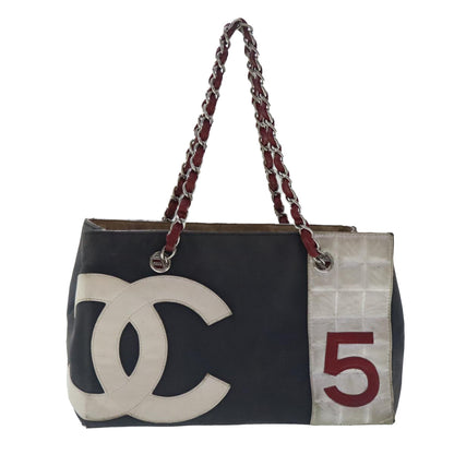 CHANEL Chain Hand Bag No5 Canvas Navy Silver CC 97210