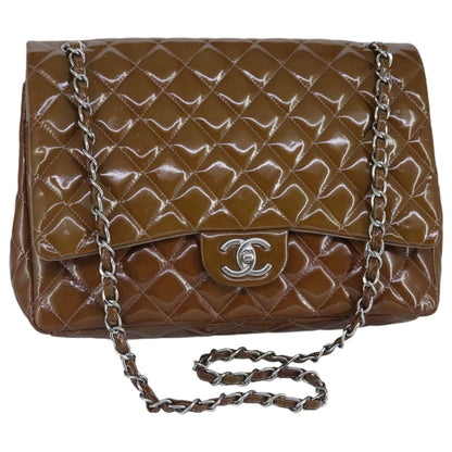 CHANEL Matelasse Chain Shoulder Bag Enamel Brown Silver CC 97455