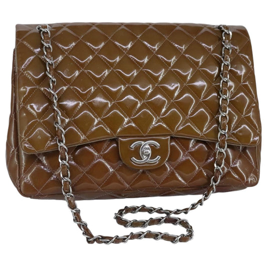 CHANEL Matelasse Chain Shoulder Bag Enamel Brown Silver CC 97455