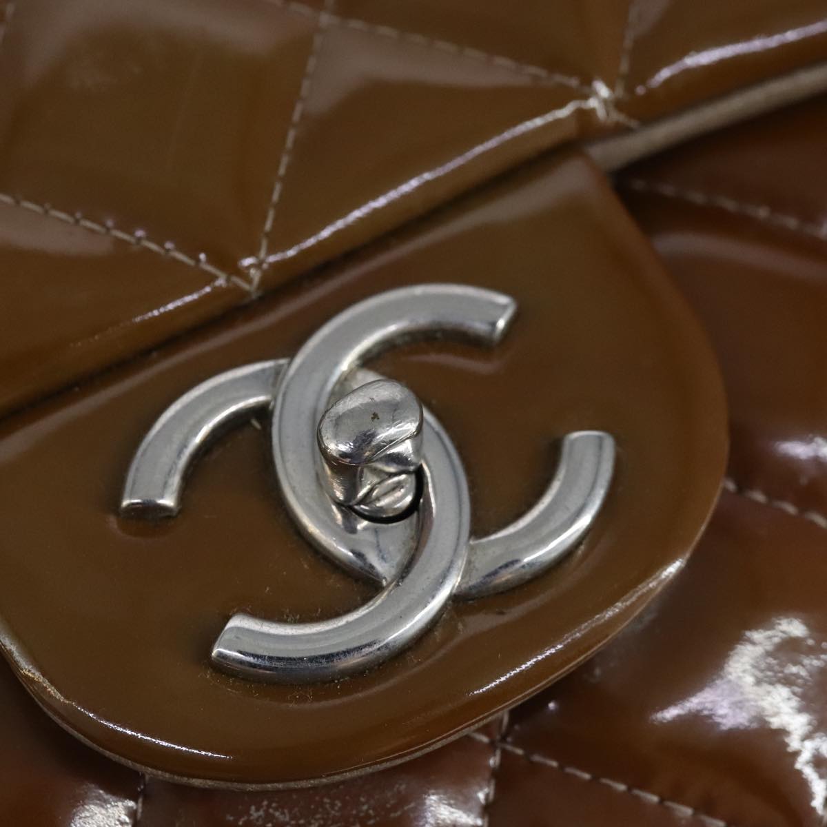 CHANEL Matelasse Chain Shoulder Bag Enamel Brown Silver CC 97455