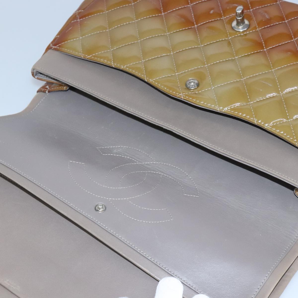 CHANEL Matelasse Chain Shoulder Bag Enamel Brown Silver CC 97455