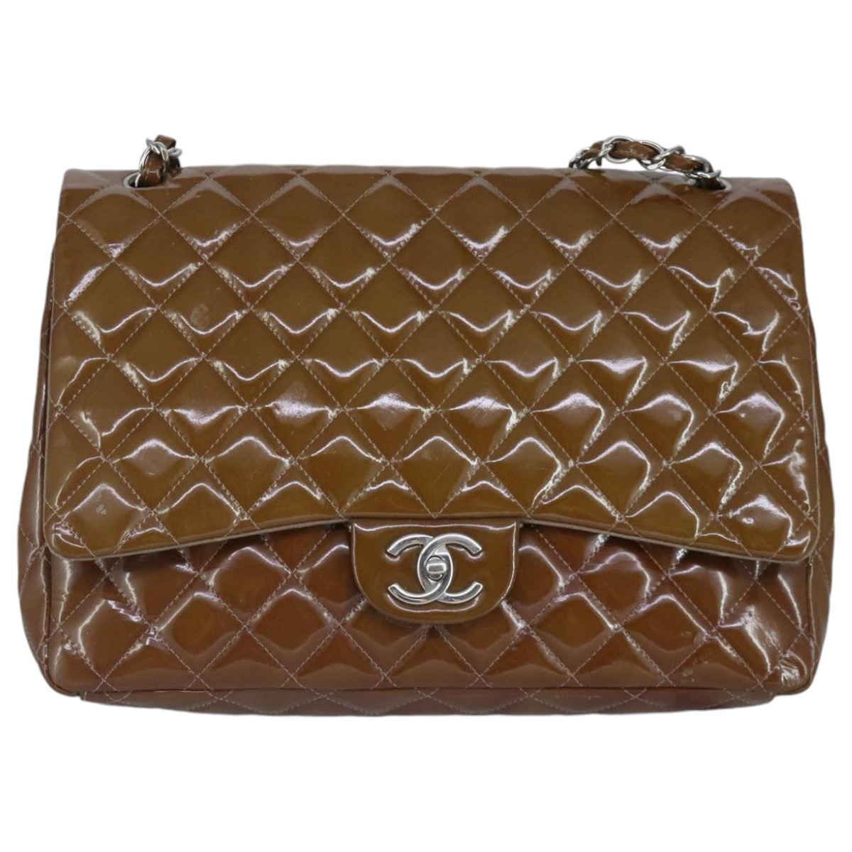 CHANEL Matelasse Chain Shoulder Bag Enamel Brown Silver CC 97455