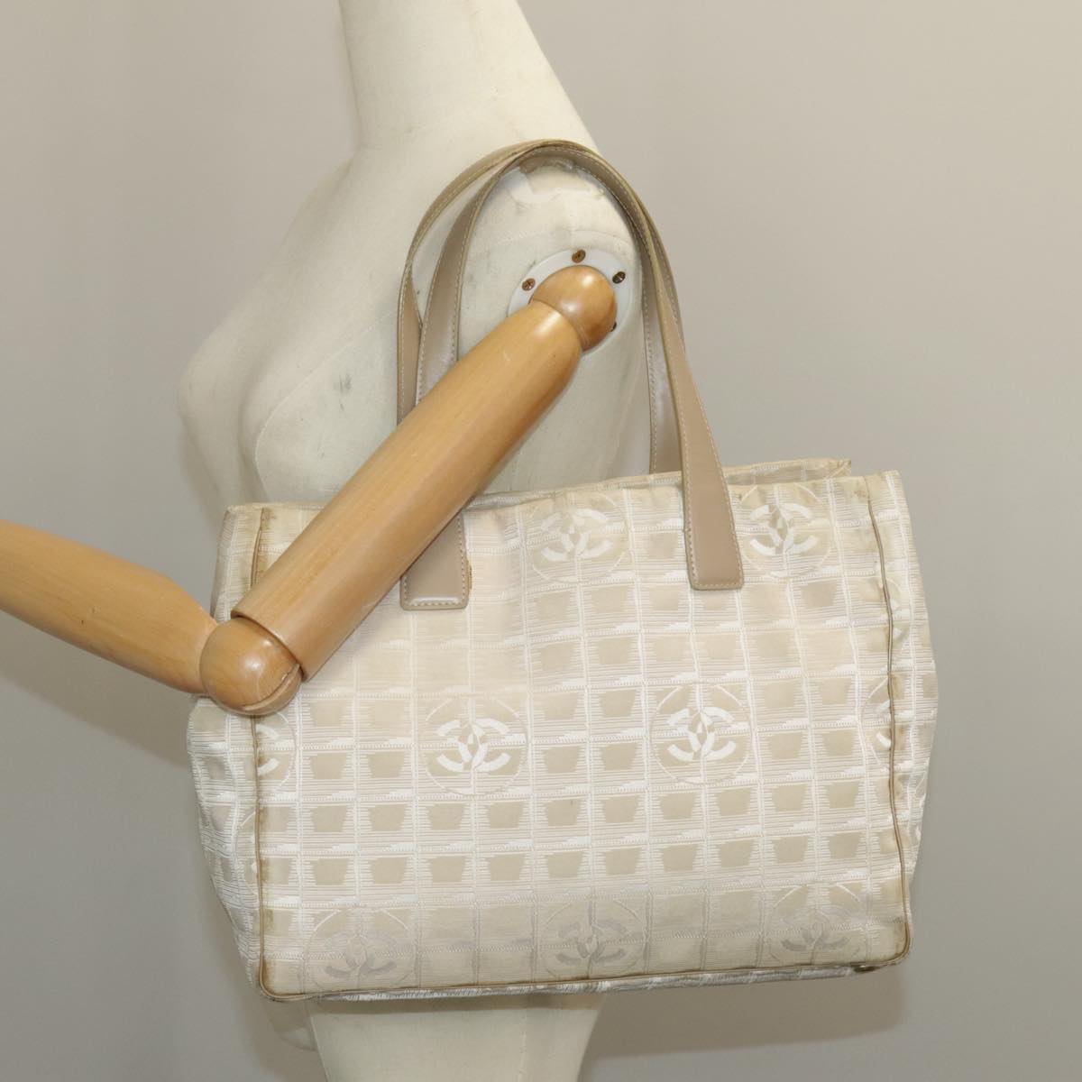 CHANEL New Travel line Tote Bag Nylon Beige Gold CC 97753
