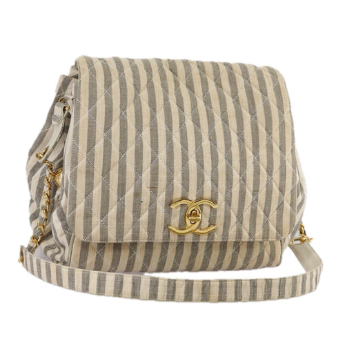CHANEL Matelasse Big COCO Mark Chain Shoulder Bag Canvas Gray Gold CC 97974
