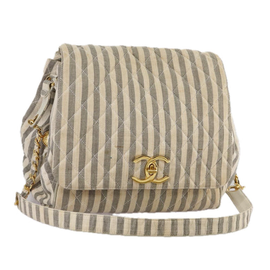 CHANEL Matelasse Big COCO Mark Chain Shoulder Bag Canvas Gray Gold CC 97974