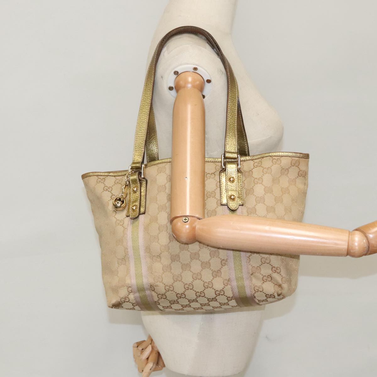 GUCCI GG Canvas Sherry Line Tote Bag Beige Gold pink 137396  98092