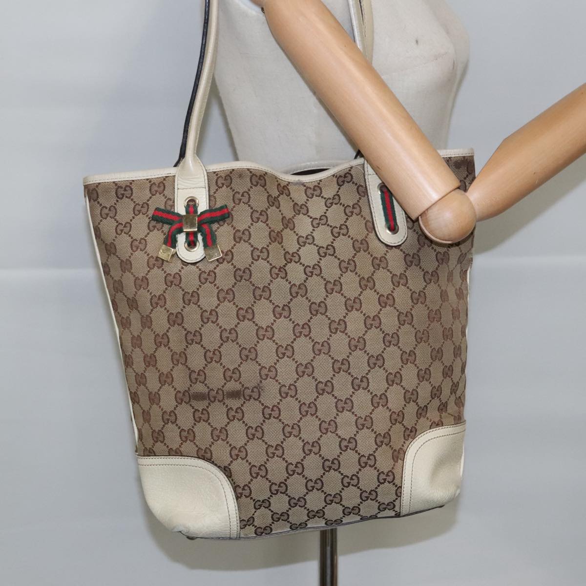 GUCCI GG Canvas Web Sherry Line Tote Bag Beige Gold Red 181779  98094