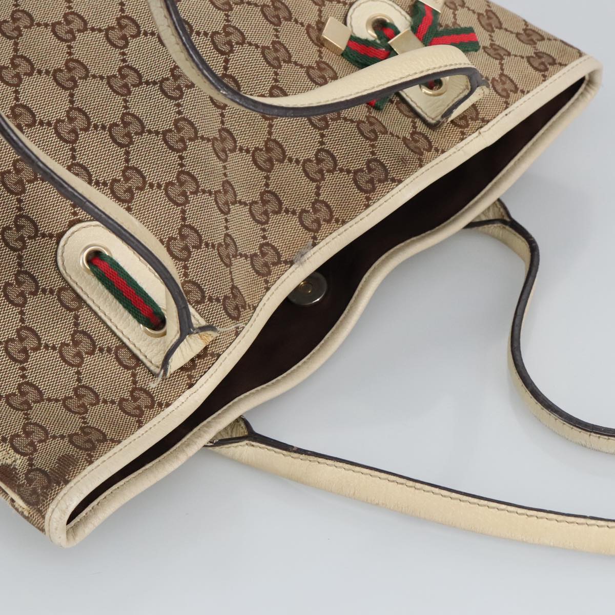 GUCCI GG Canvas Web Sherry Line Tote Bag Beige Gold Red 181779  98094