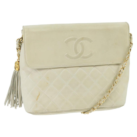 CHANEL Matelasse Chain Shoulder Bag Lamb Skin White Gold CC 98413