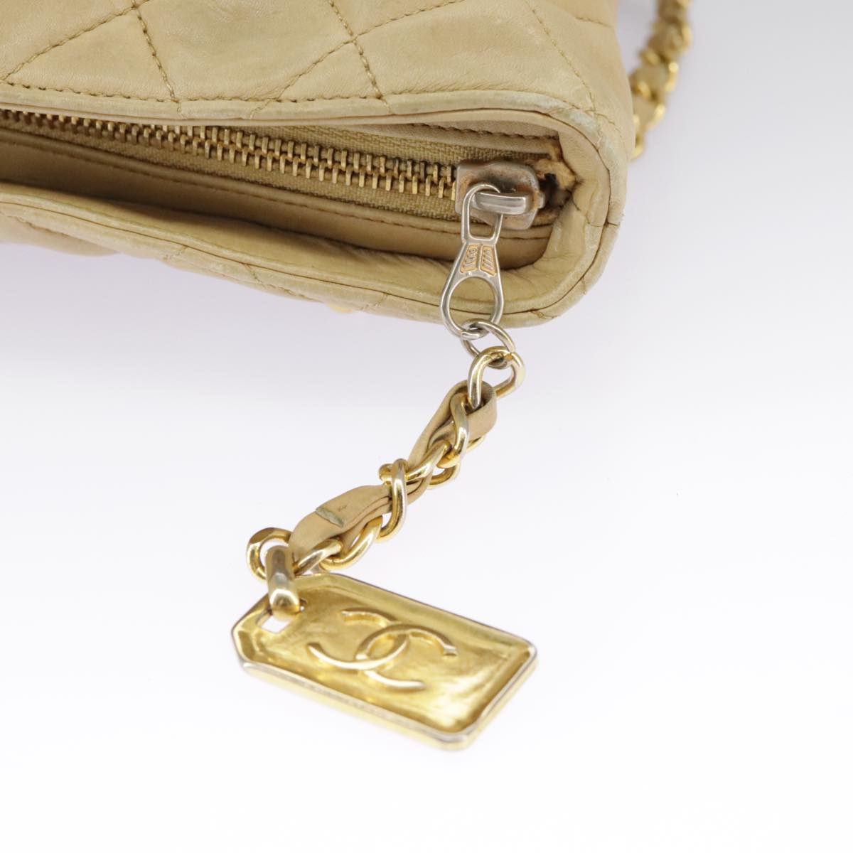 CHANEL Matelasse Chain Shoulder Bag Lamb Skin Beige Gold CC 98416