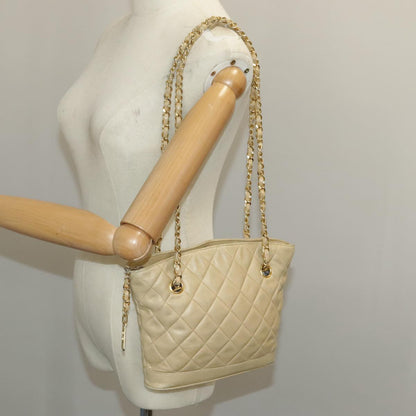 CHANEL Matelasse Chain Shoulder Bag Lamb Skin Beige Gold CC 98416
