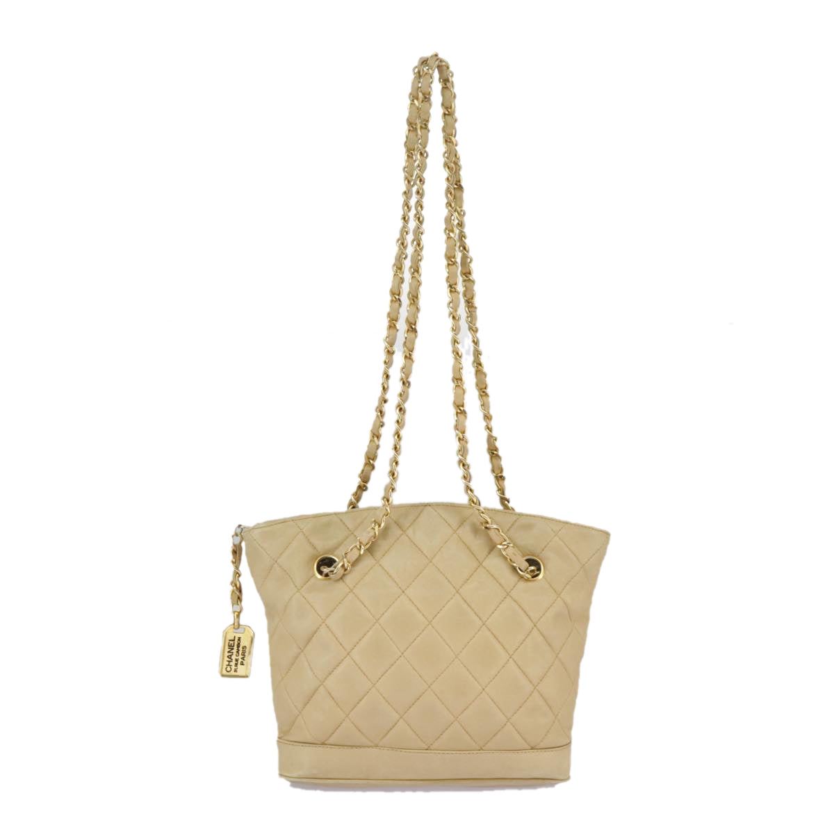 CHANEL Matelasse Chain Shoulder Bag Lamb Skin Beige Gold CC 98416