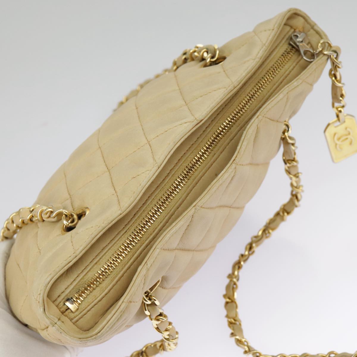 CHANEL Matelasse Chain Shoulder Bag Lamb Skin Beige Gold CC 98416