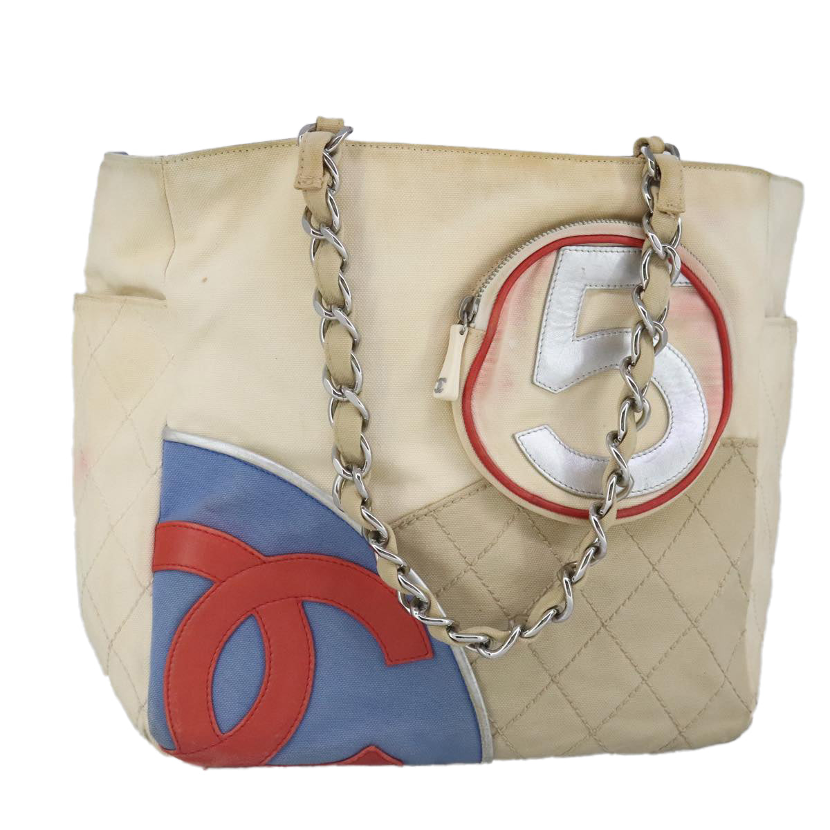 CHANEL Chain Tote Bag No5 Canvas White Silver CC 98422