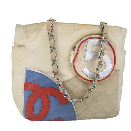 CHANEL Chain Tote Bag No5 Canvas White Silver CC 98422
