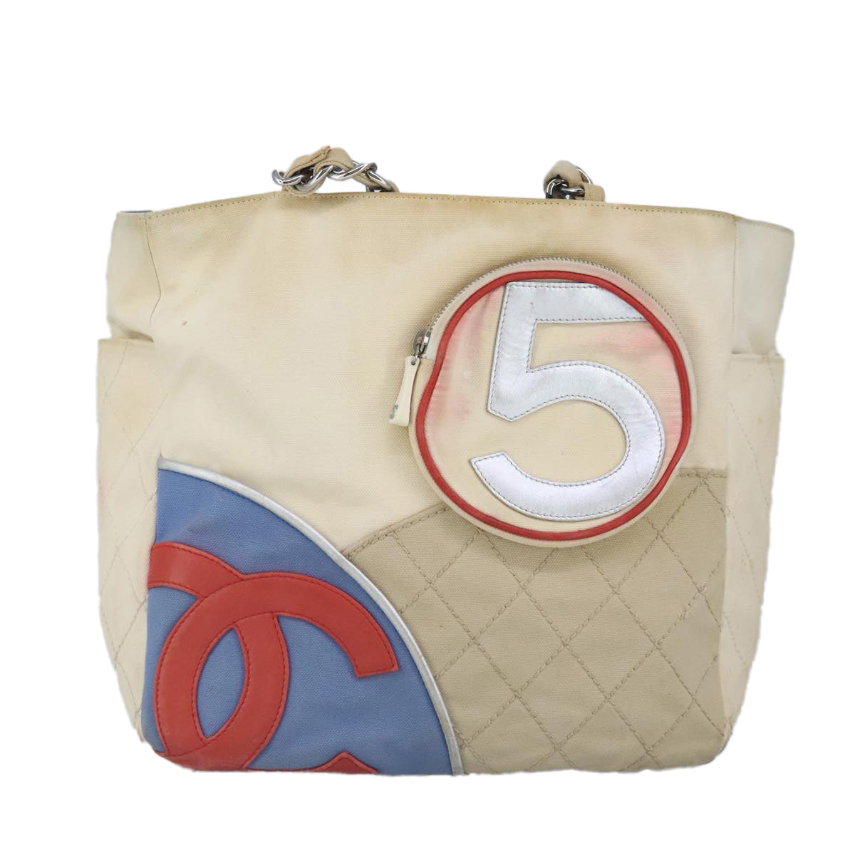 CHANEL Chain Tote Bag No5 Canvas White Silver CC 98422