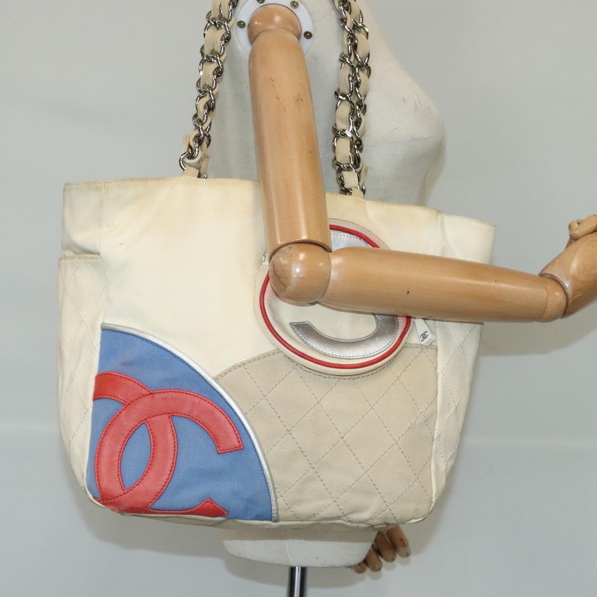 CHANEL Chain Tote Bag No5 Canvas White Silver CC 98422