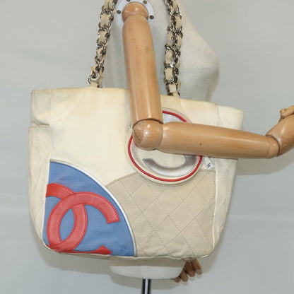 CHANEL Chain Tote Bag No5 Canvas White Silver CC 98422