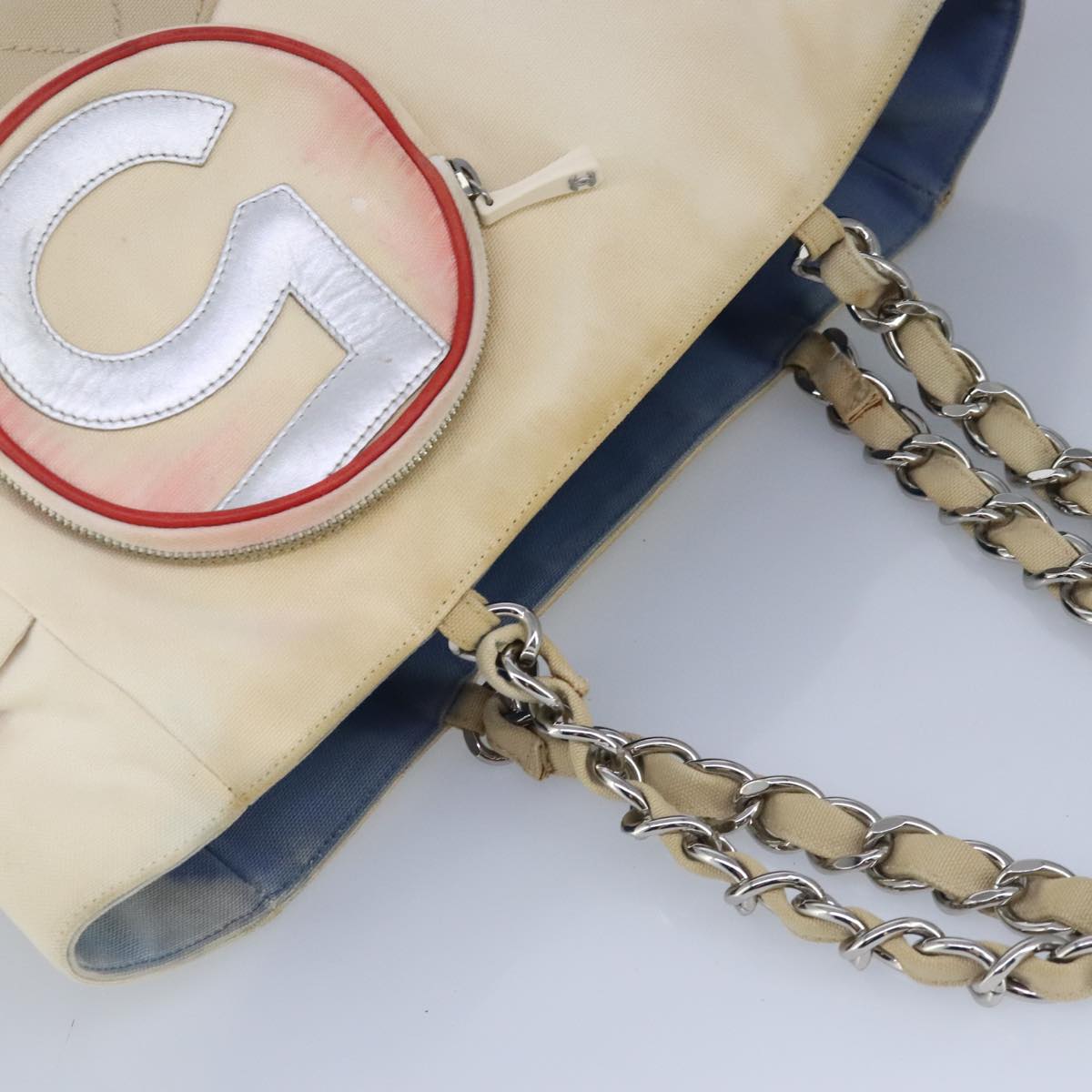 CHANEL Chain Tote Bag No5 Canvas White Silver CC 98422