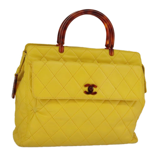 CHANEL Matelasse Hand Bag Lamb Skin Yellow CC 98431