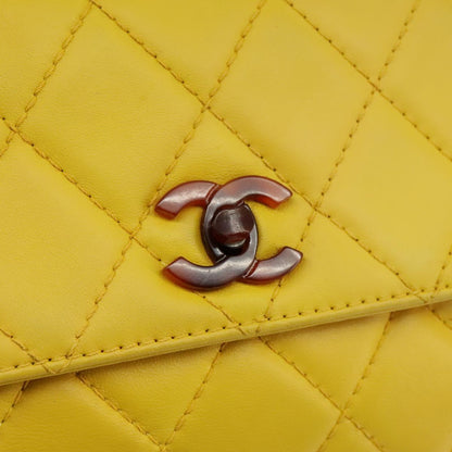 CHANEL Matelasse Hand Bag Lamb Skin Yellow CC 98431