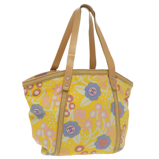CHANEL Flower Pattern Tote Bag Canvas Silver Yellow CC 98441