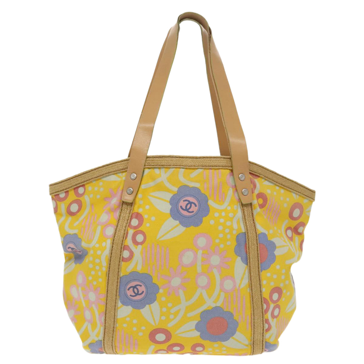 CHANEL Flower Pattern Tote Bag Canvas Silver Yellow CC 98441