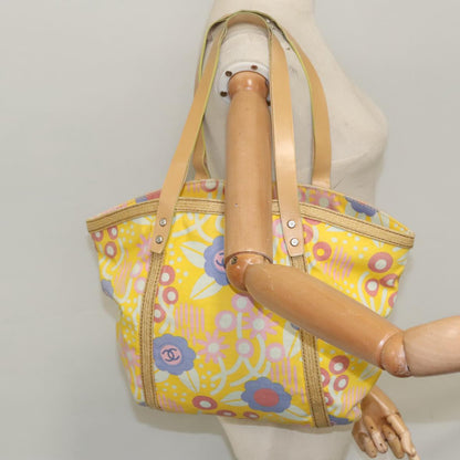CHANEL Flower Pattern Tote Bag Canvas Silver Yellow CC 98441