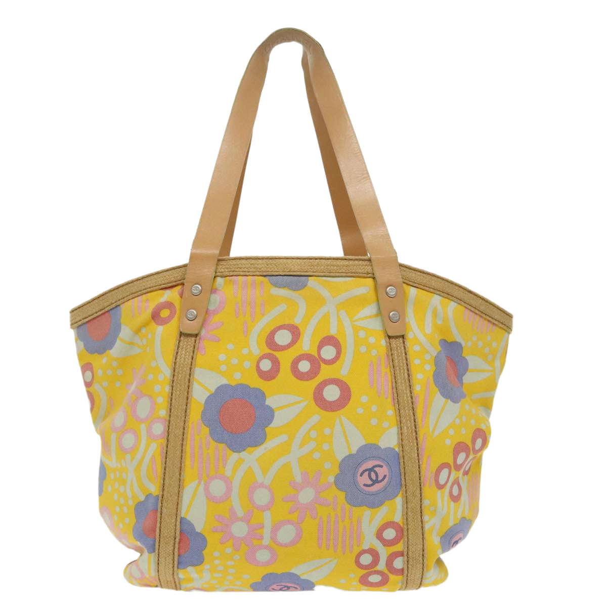 CHANEL Flower Pattern Tote Bag Canvas Silver Yellow CC 98441