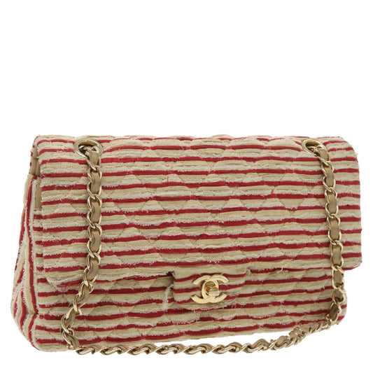 CHANEL Matelasse Chain Border Shoulder Bag Canvas Red Gold beige CC 98535