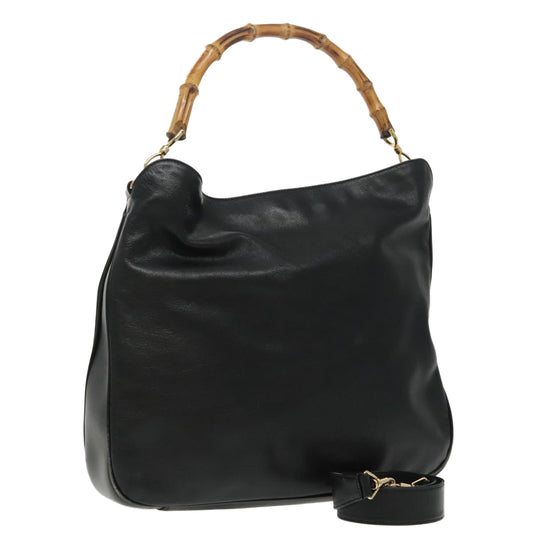 GUCCI Bamboo Hand Bag Leather 2way Black Gold 001 1577  98735