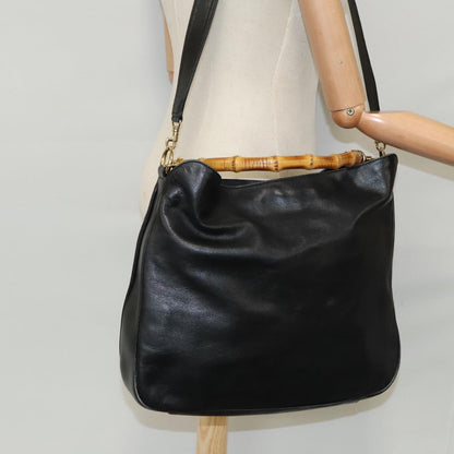GUCCI Bamboo Hand Bag Leather 2way Black Gold 001 1577  98735