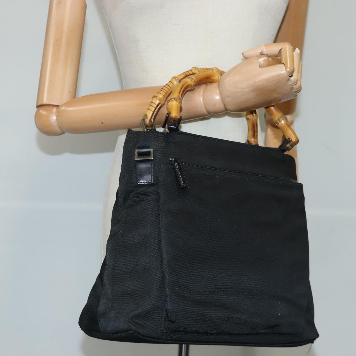 GUCCI Bamboo Hand Bag Nylon 2way Black Silver  99165