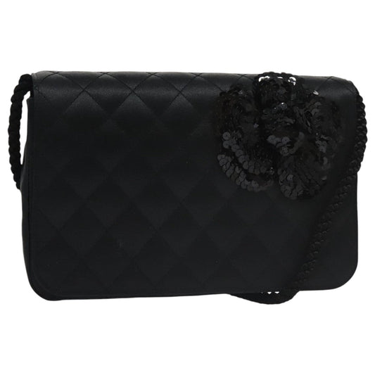 CHANEL Matelasse Sequin Flower Shoulder Bag Satin Black CC 99855
