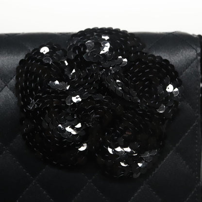 CHANEL Matelasse Sequin Flower Shoulder Bag Satin Black CC 99855