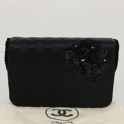 CHANEL Matelasse Sequin Flower Shoulder Bag Satin Black CC 99855