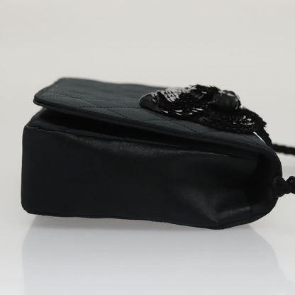 CHANEL Matelasse Sequin Flower Shoulder Bag Satin Black CC 99855