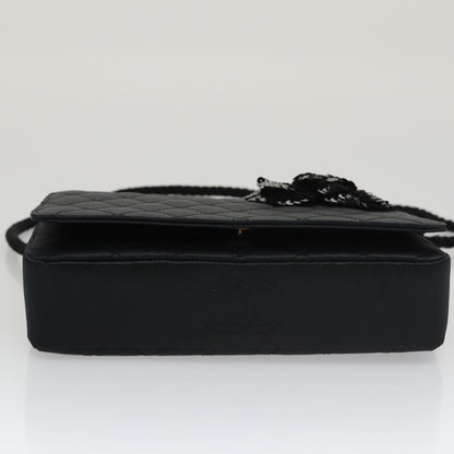 CHANEL Matelasse Sequin Flower Shoulder Bag Satin Black CC 99855
