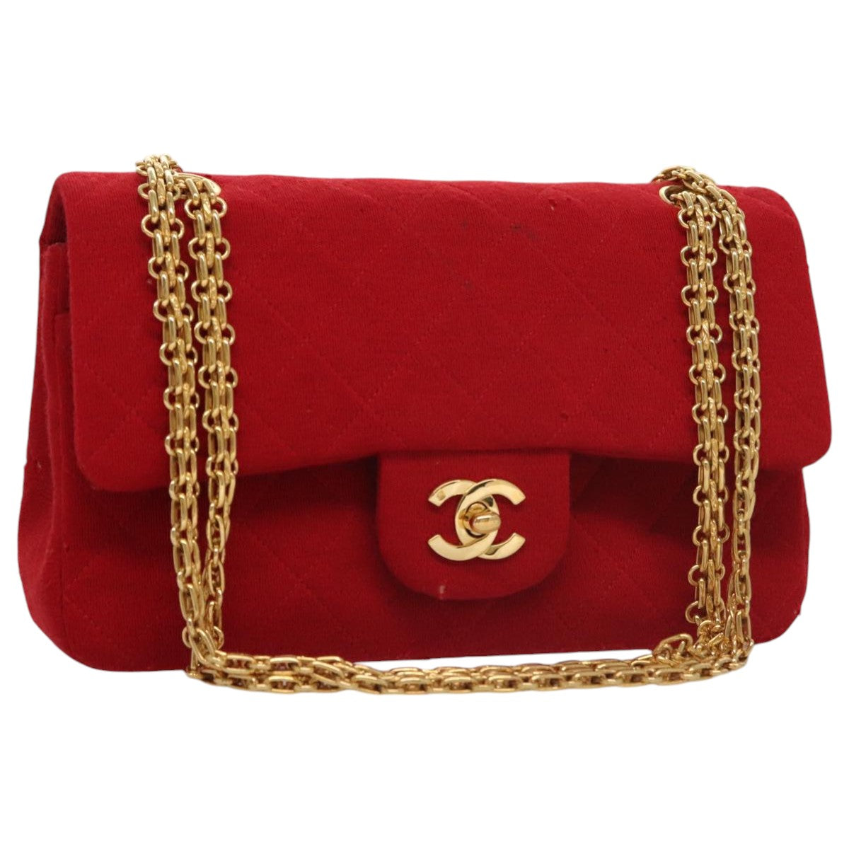 CHANEL Matelasse Chain Shoulder Bag Cotton Red Gold CC 99908