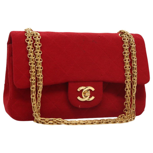 CHANEL Matelasse Chain Shoulder Bag Cotton Red Gold CC 99908