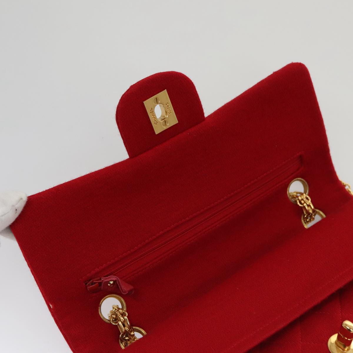 CHANEL Matelasse Chain Shoulder Bag Cotton Red Gold CC 99908