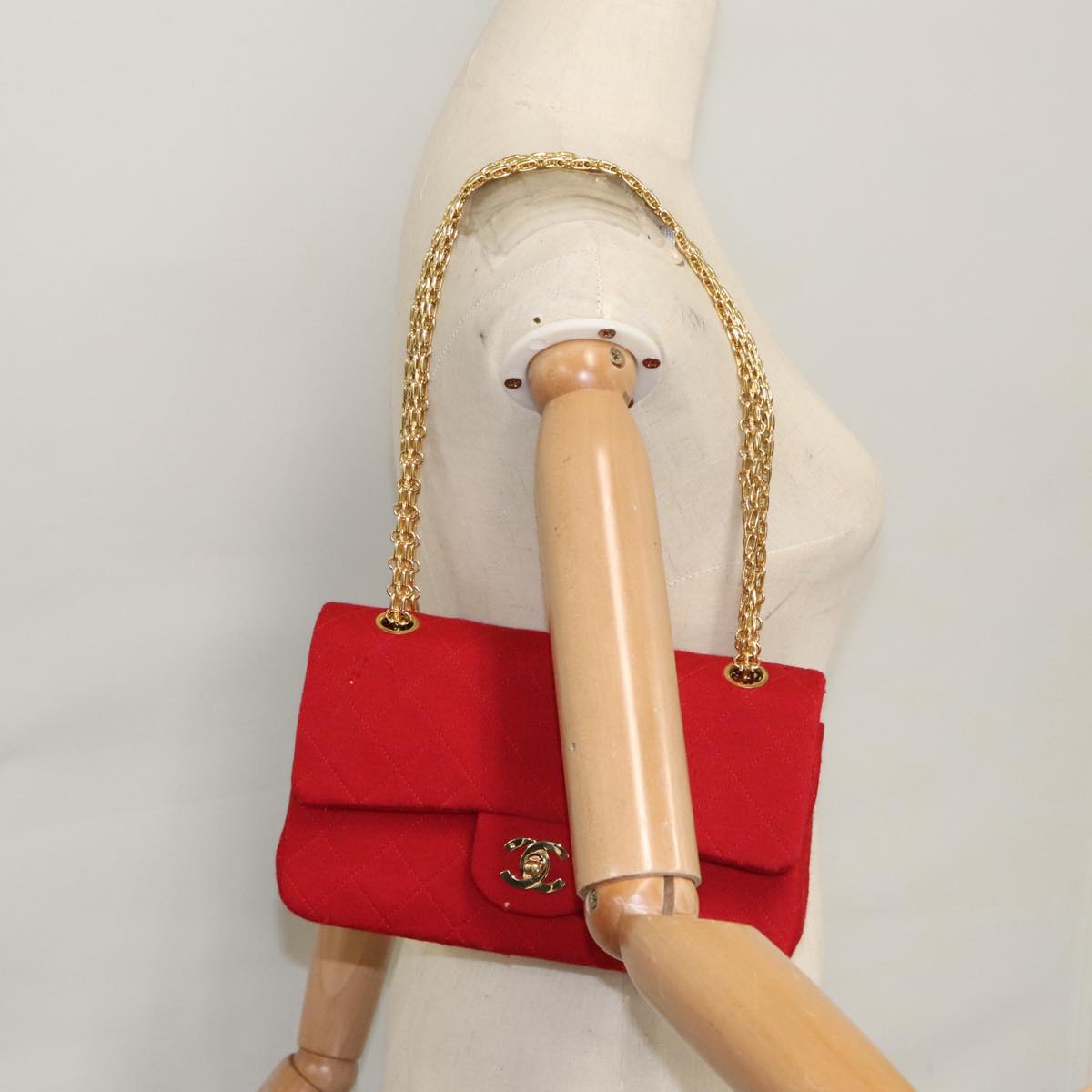 CHANEL Matelasse Chain Shoulder Bag Cotton Red Gold CC 99908